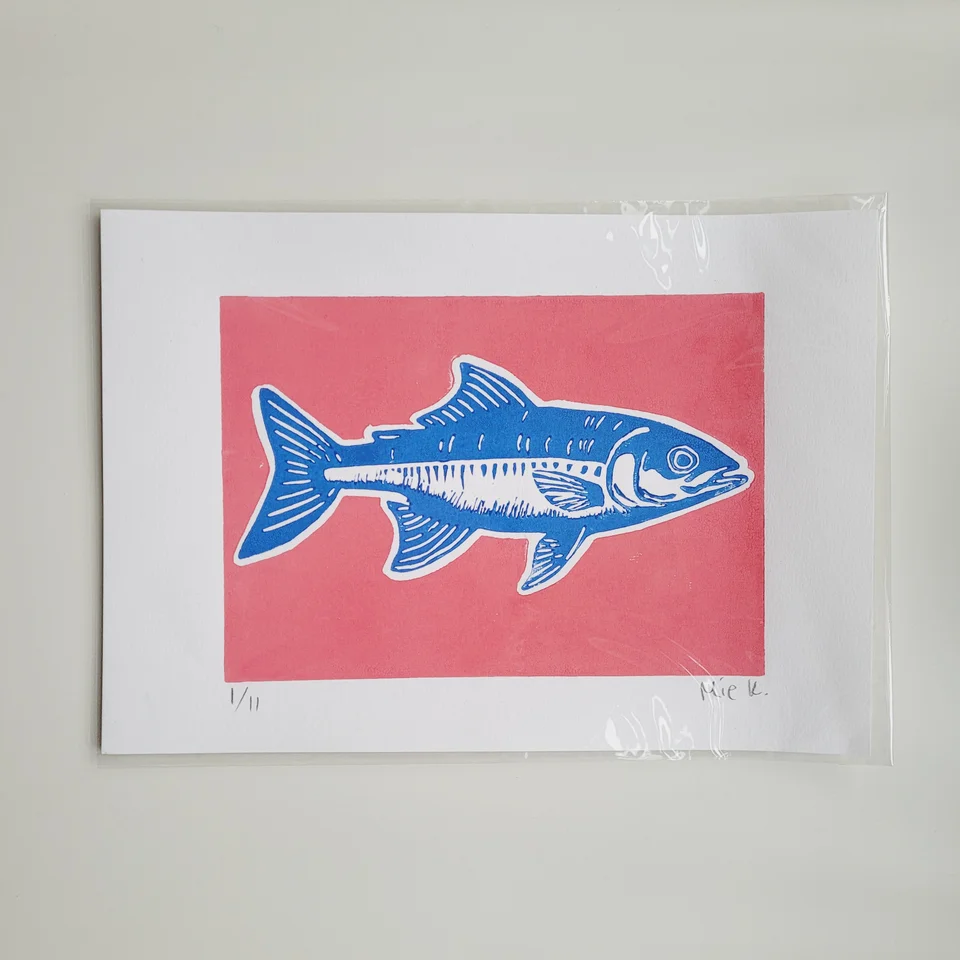 Linocut print of a fish
